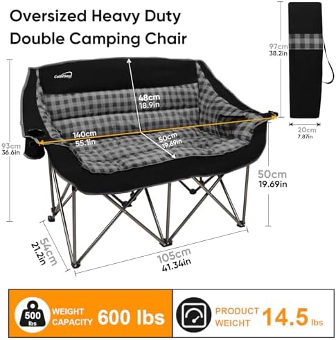 Colorsoul Double Folding Camping Chair,Fully Padded Loveseat Camping Couch,Oversized 2 Person Lawn Chair w/Cup Holder,Wine Glass Holder,Mesh Storage for Patio Picnic Beach,Support 600lbs,Black Plaid