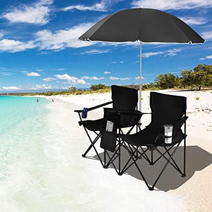 Goplus Double Camping Chairs with Umbrella, Cooler for Beach Patio