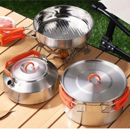 Camping Cookware Set 304 Stainless Steel Camping Pot Pan and Kettle Kit