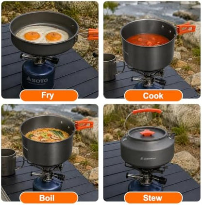 34PC Camping Cookware Set for 5-7, 2 Pots, Frying Pan & Kettle