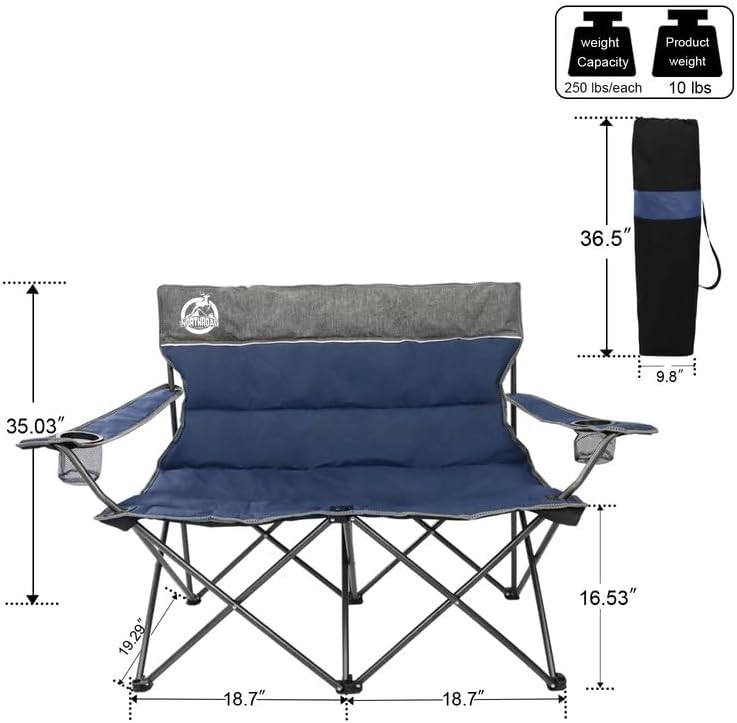 Northroad Outdoor Camping Chair Set of 3,Folding Padded Camp Chair,Collapsible Conversation Set w/1 Sofa,2 Single Chairs for Family Patio,Beach (Blue)
