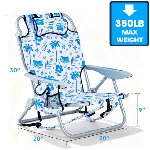 2 Pack Lightweight Portable Camping Beach Chair for Adults, Outdoor Lay Flat Folding Beach Chairs with 5 Positions, Backpack Beach Chair with Towel Bar, Zipper Pouch, Blue Coconut Tree
