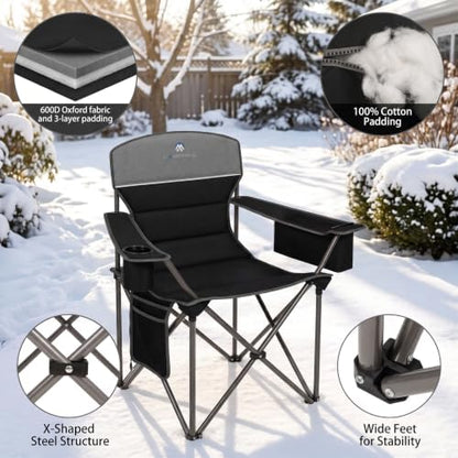 Heated Camping Chairs 2 Pack - Heavy Duty 400LBS Padded Lawn Chair with Cup Holder,Side Pocket,Collapsible for Outdoor,Camp,Fishing & Garden,Black,Battery NOT Included