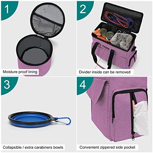 Modoker Weekend Dog Travel Bag Set with 2 Food Bags, 2 Bowls and Mat,Pink