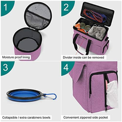 Modoker Weekend Dog Travel Bag Set with 2 Food Bags, 2 Bowls and Mat,Pink