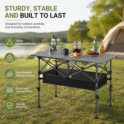 Aoran Folding Camping Table,Portable Adjustable Height Roll Up Table with Mesh Storage Net & Carry Bag,Lightweight Picnic Table for Tailgate Outdoor Backyard BBQ Patio