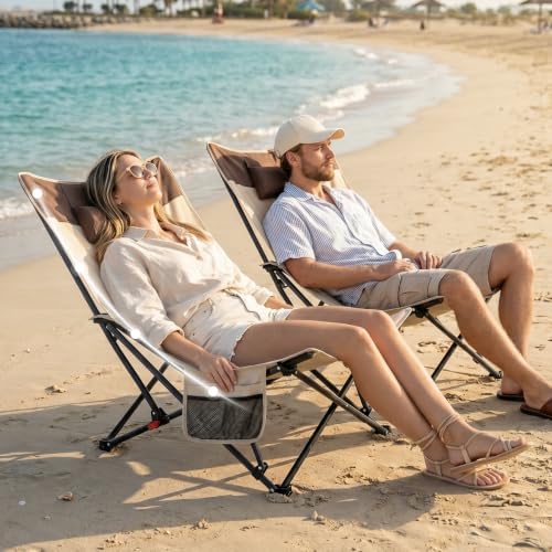2 Pack Beach Chairs Oversized High Back Beach Reclining Chair with Adjustable Backrest Low Folding Camping Chairs for Beach, Lawn, Outdoor