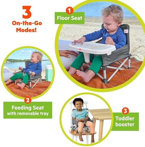 Bright Starts Pop ‘N Sit Portable Booster Seat, 3-in-1 Floor Seat, Travel High Chair & Toddler Booster with Feeding Tray, Indoor/Outdoor, Grey, 6 Months–3 Years