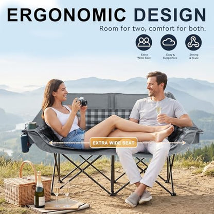 Double Camping Chair 2 Person Loveseat, 800LBS Heavy Duty Chair, Plaid