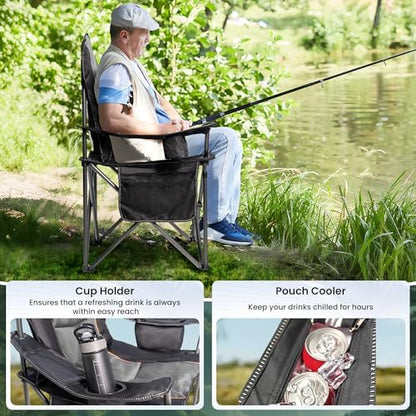Folding Camping Chairs for Adults - High Back Padded Outdoor Lawn Chairs with Lumbar Support & Cup Holder, 500lbs Heavy Duty Portable Camping Chairs Set (Black & Gray, 1 PCS)
