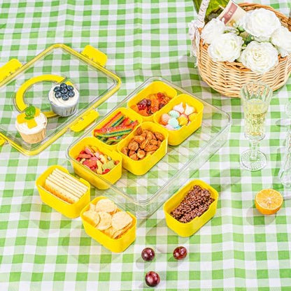 WACOI Divided Snack Serving Tray with Lid and Handle Travel Snackle Charcuterie Container Portable Storage Organizer for Candy, Fruits, Nuts, Snacks, Party, Picnic (1pack, Yellow)