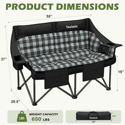 Youtanic Double Camping Chair, Heavy Duty 650lbs Padded Loveseat for Adults