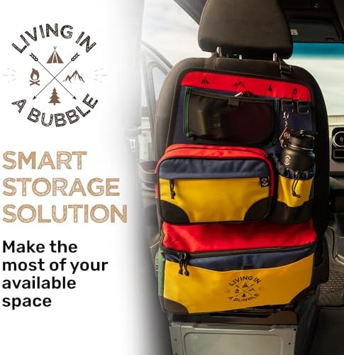 Living in a Bubble Seat back Organizer – Magnetic Toiletry and Cooler Pouch, Cordura Car Backseat Storage with Device Holder & Hooks, Multi-Compartment Utility Bag for Campervans & Family Travel