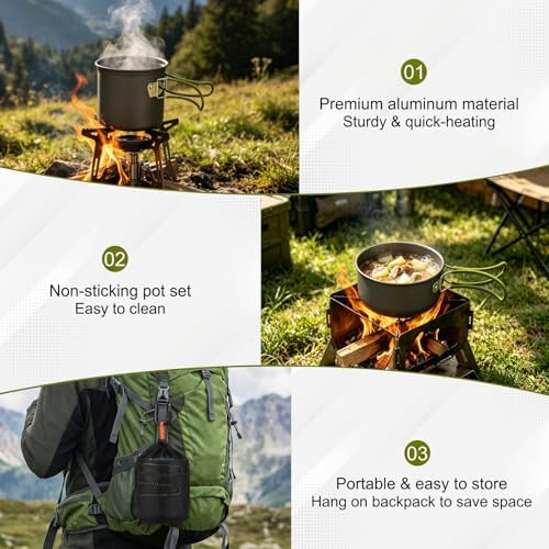 Camping Backpacking Cooking Set, 8pcs Camping Mess Kit Cookware Pot and 170ML Stainless Steel Cup & Fork Spoon Backpacking Cookware Set for Camping Hiking Picnic Outdoor Cooking