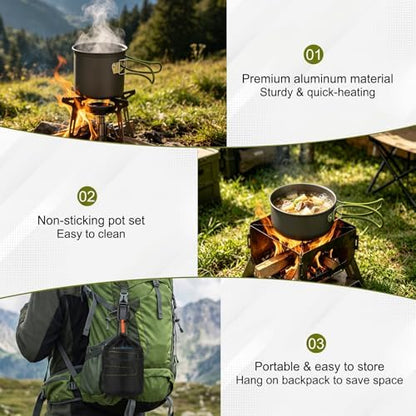 Camping Backpacking Cooking Set, 8pcs Camping Mess Kit Cookware Pot and 170ML Stainless Steel Cup & Fork Spoon Backpacking Cookware Set for Camping Hiking Picnic Outdoor Cooking