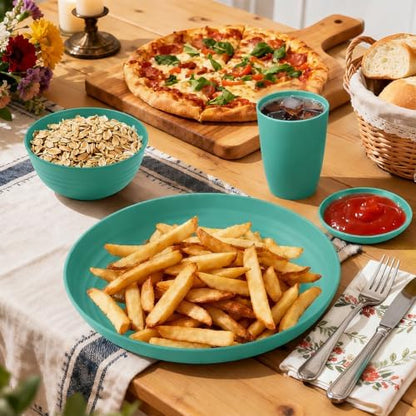 Unbreakable Wheat Straw Dinnerware Set 16 PCS - Plates and Bowls Set for 4,Dishwasher & Microwave Safe Lightweight Plates and Bowls Set for Party Camping Kitchen - Green