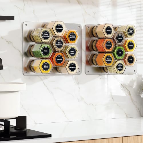 Vetacsion Set of 18 Magnetic Glass Spice Tins with 100 Preprinted Seasoning Label Stickers (Include Black Metal Wall-Plates)