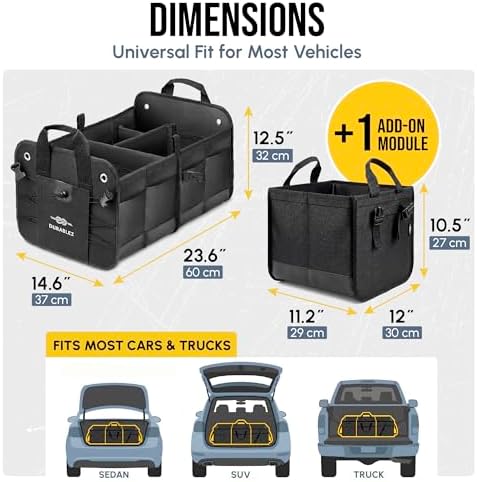 Large Car Trunk Organizer, Modular & Collapsible, 3 Compartment XL, Black