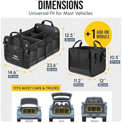 Large Car Trunk Organizer, Modular & Collapsible, 3 Compartment XL, Black