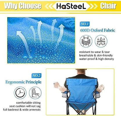 HaSteeL Folding Camping Chair & Carrying Bag, Foldable Camp Chair with Cup Holders for Adults, Portable for Lawn, Outdoors, Fishing, Hiking, Travel, Picnic, Beach, Oversized & Supports 275lbs (Blue)