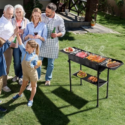 Portable Charcoal Grill, Folding Barbecue Grill with Baking Pan, Carry Bag & Storage Shelf, Outdoor BBQ Smoker for Camping, Garden, Party, Picnic and Patio Cooking
