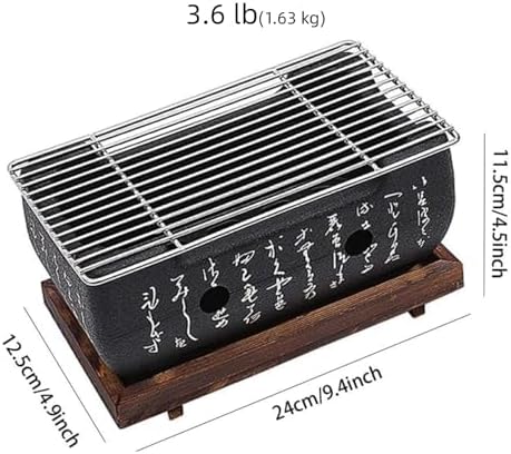 Japanese Hibachi Grill, Portable Tabletop Yakitori Charcoal Grill for Indoor Outdoor BBQ with Wooden Base & Cooking Grate 4.9x4.5x9.4in