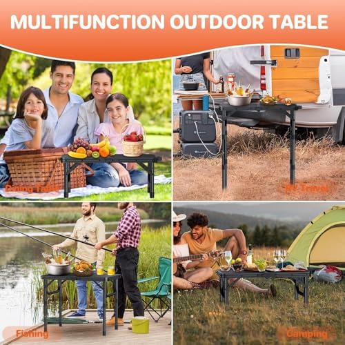 FUNYKICH 2ft Small Folding Camping Table(22.8'' Lx15.7'' W), 3 Height Adjustable Portable Picnic Table, Lightweight Aluminum Outdoor Table with Carry Handle for Camping, BBQ, Beach, Picnic, Black
