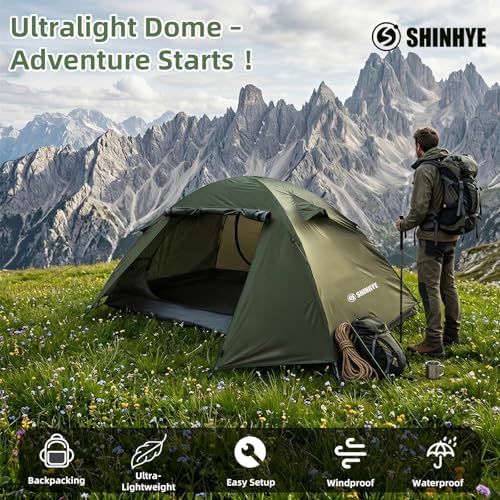 ShinHye Backpacking Tent 2/3/4 Person - Ultralight Dome Portable Tents for Camping Easy Set Up, Outdoor Hiking Waterproof Camp Instant Tent Two Doors Double Layer