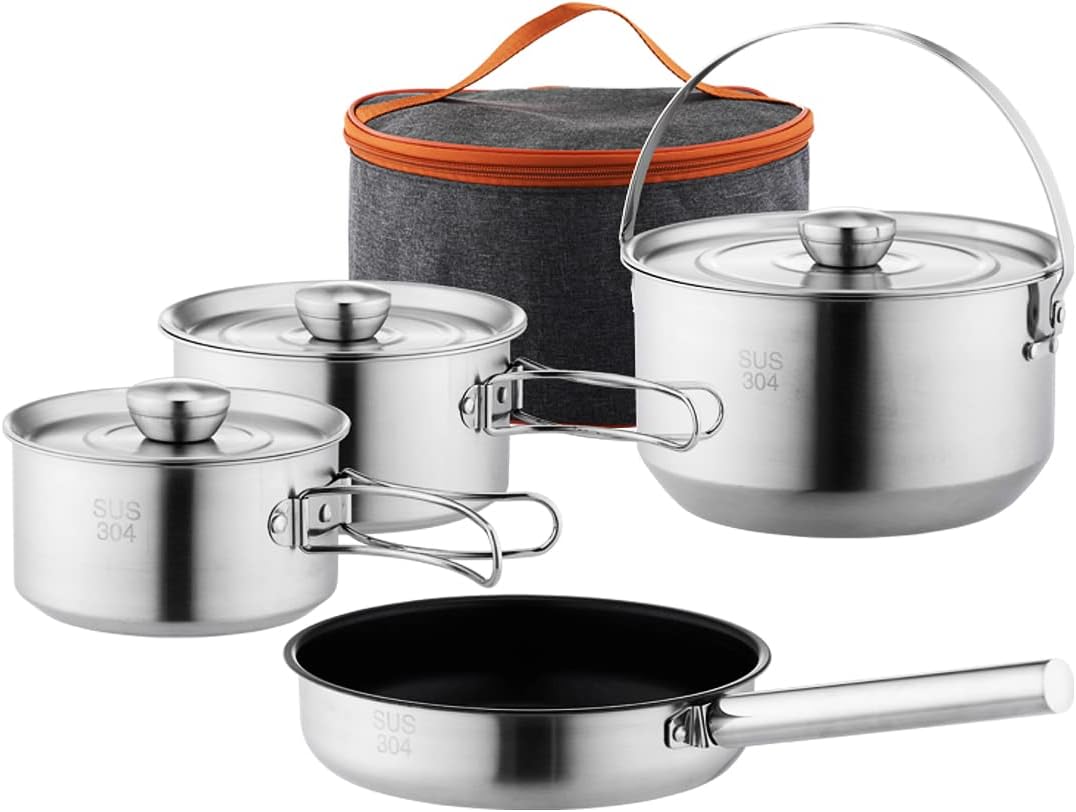 304 Stainless Steel Camping Cookware Set, Pots and Pans for Campfire Cooking, Includes Travel Tote Bag for 4-6 People