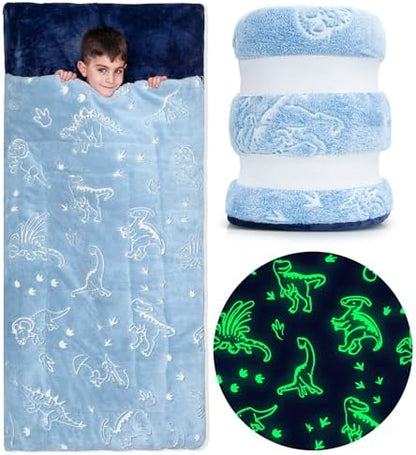 Kids Sleeping Bag for Boys & Girls - Glow in The Dark for Ages 3+, Large With Pillow Pocket, Extra Soft Toddler Blanket (66" x 33")