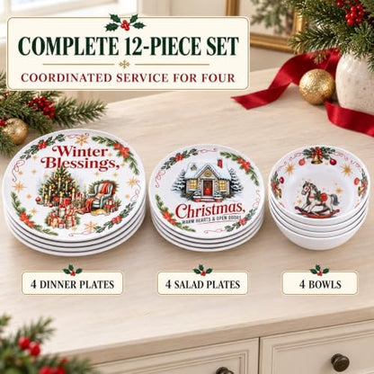 Vintage Christmas Dinnerware Set for 4, 12-Piece Melamine Dish Set