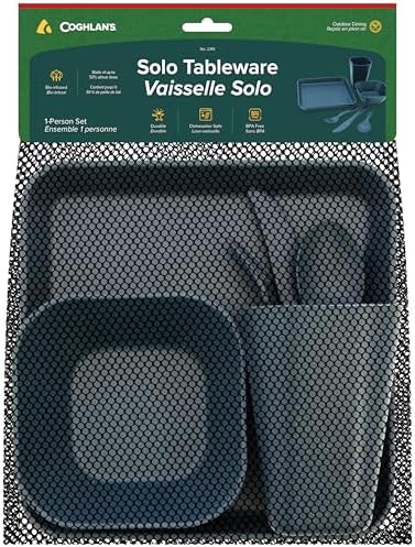Coghlan’s Solo Tableware Kit – Lightweight, Durable Camping Dinnerware Set – Plate, Bowl, Tumbler & Cutlery in Mesh Bag – BPA-Free, Dishwasher Safe, 50% Wheat Straw – 1-Person Outdoor Dining
