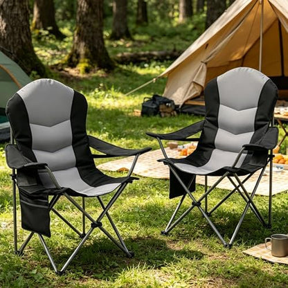 2 Pack Folding Camping Chairs for Adults - High Back Padded Outdoor Lawn Chairs with Lumbar Support & Cup Holder, 400lbs Heavy Duty Portable Camping Chairs Set (Black & Gray, 2 PCS)