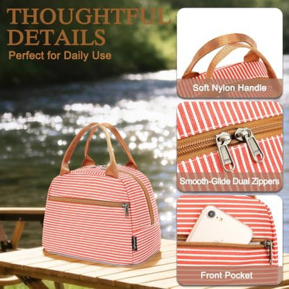 FlowFly Insulated Lunch Cooler Bag - Tote Bag Organizer for Women/Men, Red#Stripes