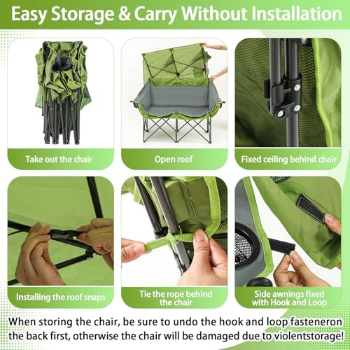 Teenyyou Double Camping Chair with Canopy 660lbs Heavy Duty, Geen and Grey