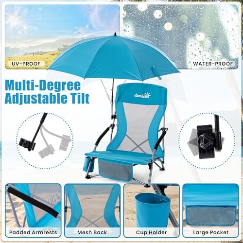 Lamberia Folding Beach Chair with Umbrella for Adults, Portable Low Beach Chairs with 300lbs Capacity, Lightweight Fodable Camping Chair for Travel, Picnic, Concert & Outdoor Activities, Blue