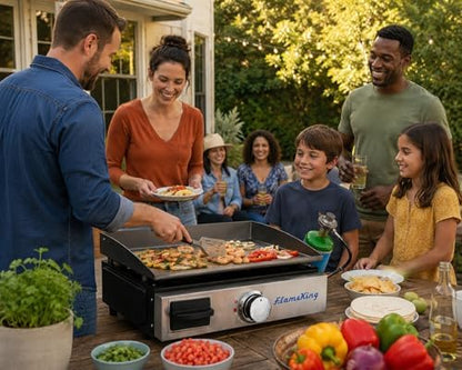 Flame King Flat Top Portable Propane Cast Iron Grill Griddle Tabletop for Outdoor Camping, Tailgating, Outdoor Cooking