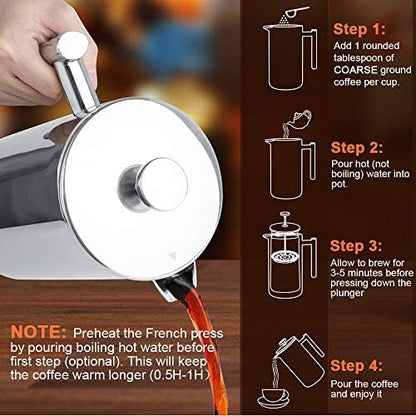 Secura French Press Coffee Maker, 304 Grade Stainless Steel Insulated Coffee Press with 2 Extra Screens, 50oz (1.5 Litre), Silver (Pack of 2)