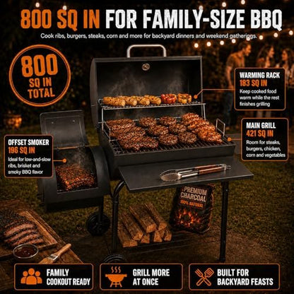 Realcook Charcoal Grill with Offset Smoker: Spacious Barrel Charcoal Grills