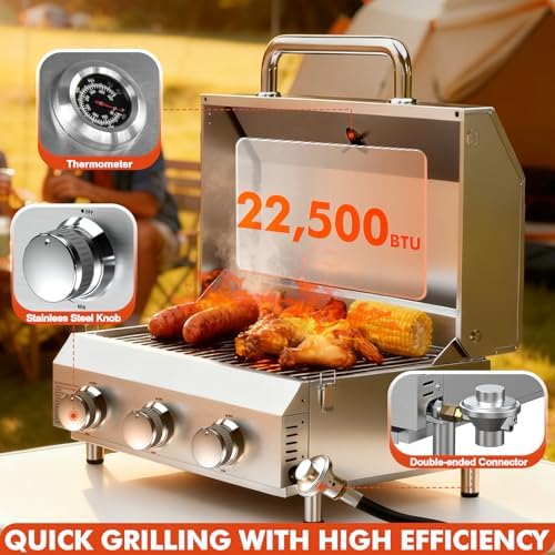 Llamaviva 3 Burner Gas Propane Grill with Dual Fuel Adapter,22500 BTU Stainless Steel Tabletop Portable Grill for Outdoor Barbecue Camping Cooking RV