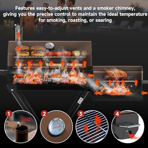 Portable Charcoal Grill with Smoking Function, Foldable Suitcase Design with Wheels, Multi-Tier Storage Rack & Waterproof Cover for Outdoor BBQ Parties (Khaki)
