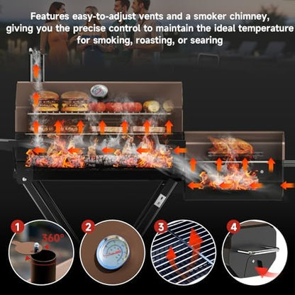 Portable Charcoal Grill with Smoking Function, Foldable Suitcase Design with Wheels, Multi-Tier Storage Rack & Waterproof Cover for Outdoor BBQ Parties (Khaki)