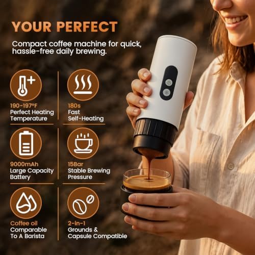 Electactic Portable Coffee Maker Self-Heating with 9000mAh Battery, Travel Coffee Maker for Ground Coffee & Nespresso Pods, Portable Espresso Maker for Travel, Camping, RV, Gym