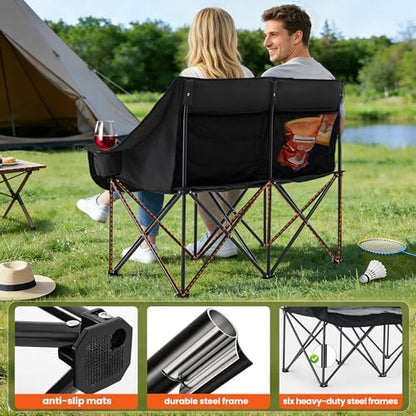 Asrug Padded Double Camping Chair 2 Person Portable Camping Chair Loveseat with Cup Holders and Side Pockets Heavy Duty Camp Couch for Outdoor Beach Fishing Garden 660lbs Support (Black & Light Gray)