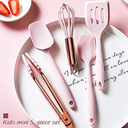 Collfa Rose Gold And Pink Kitchen Utensil Small Five-Piece Set Mini Silicone Kids Kitchen Tools Whisk Spatula Tongs Spoon And Slotted Spatula(Kids Baking Supplies)