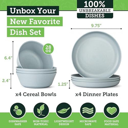 Grow Forward Premium Wheat Straw Plates and Bowls Sets - 8-Piece Wheat Straw Dinnerware Sets - Unbreakable & Reusable Microwave Safe Plastic Dinner Plates for Outdoors, RV, Camping Dishes - Glacier