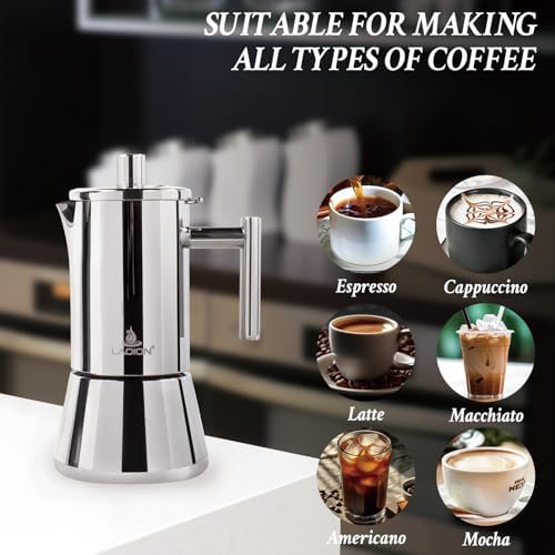LAOION Stovetop Espresso Maker, 4Cup 6.8 oz Moka Pot, Stainless Steel