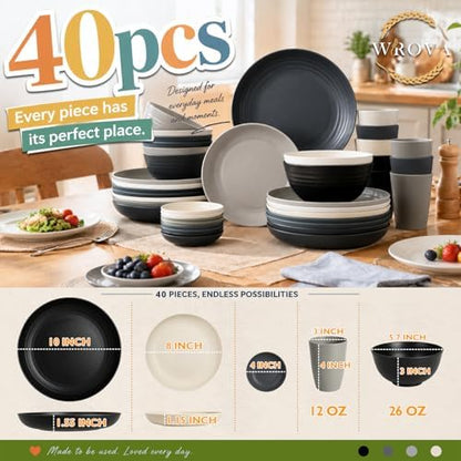 Wrova Kitchen Plates and Bowls Sets 40PCS,Wheat Straw Dinnerware Sets for 8