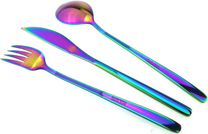 7 Pcs Portable Flatware Set, 304 Stainless Steel Cutlery Set Travel Utensils Set with Fork Spoon Chopsticks Straws for Travel Camping Office School, Dishwasher Safe & Eco-Friendly (Rainbow)