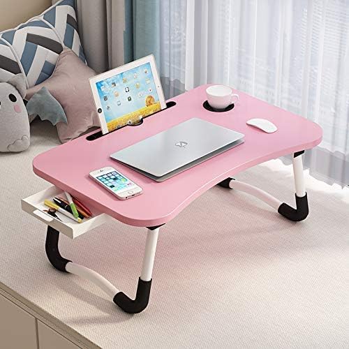 Lap Desk with Storage Drawer, Holders for Cup and Tablet, Tray Table with Foldable Legs, Laptop Bed Stand, Portable Standing Table for Sofa Couch Floor (23.6", Pink)